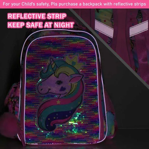 Vista 4 de 3 piezas de mochilas infantiles para niñas, 41 cm, mochila escolar preescolar y lonchera con diseño de unicornio/sirena/flamenco Mochila