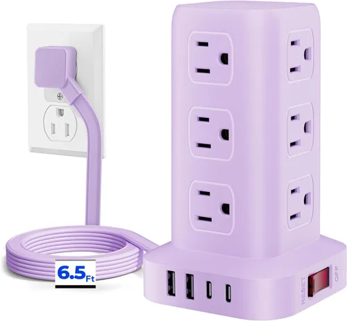 Vista 17 de Regleta de alimentación con 12 tomas, 4 USB (1 USB C), cable de extensión de 6.5 pies con múltiples tomas, estación de carga, torre de regleta