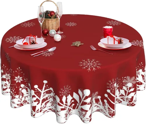 Vista 28 de Mantel redondo de Navidad con diseño de copos de nieve de Navidad para cocina, comedor, decoración de mesa de poliéster lavable para mesa de bufé