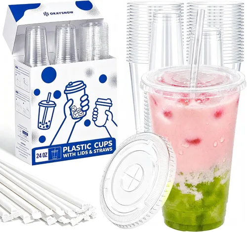 Vista 18 de 100 unidades de vasos de plástico transparente de 16 onzas con tapas y pajitas, caja dispensadora organizada, vasos desechables resistentes