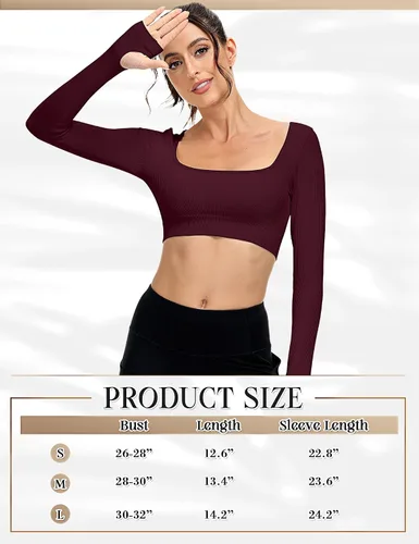 Vista 5 de Paquete de 3 camisetas cortas acanaladas sin costuras de manga larga con cuello cuadrado para mujer, para entrenamiento, gimnasio, yoga