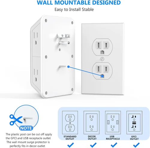 Vista 5 de JcBlaon Protector de sobretensiones extensor de salida, divisor de 6 salidas con 4 puertos USB (2 USB C), adaptador de pared de 4 lados 1050 J