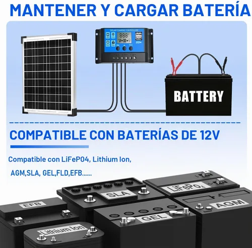 Vista 7 de Kit de Panel Solar 20W 12V Monocristalino, Mantenedor de Batería + Controlador de Carga Solar 10A + Cable de Extensión con Clips de Batería Terminal