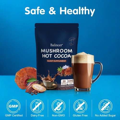Vista 6 de Balincer Cacao caliente en polvo de hongos, suplemento para dormir con hongo Reishi, melatonina, glicina, cacao, L-teanina, achicoria, ayuda a