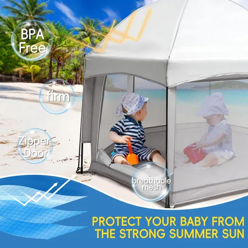 Vista 3 de Palopalo Corralito desplegable para bebés con toldo y alfombrilla UPF50+, corral plegable para interiores y exteriores para bebés y niños pequeños
