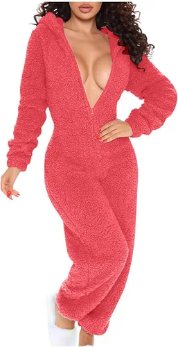 Vista 3 de Pijama sexy de una pieza para mujer, con solapa en el trasero, de forro polar, con capucha, para mujer, ropa de dormir esponjosa