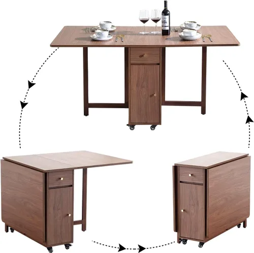 Vista 5 de COMUHOME Mesa de comedor extensible plegable con hoja abatible, con 2 cajones y 4 ruedas para sala de estar, cocina, estilo granja, mesa ahorradora