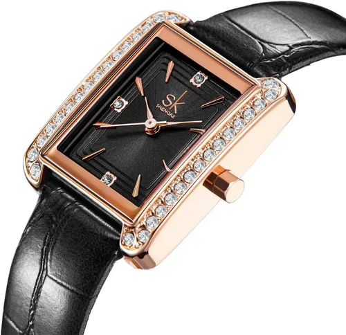 Vista 2 de SHENGKE Reloj rectangular para mujer con bisel decorado de cristal, reloj de pulsera cuadrado con forma de tanque clásico con esfera transparente