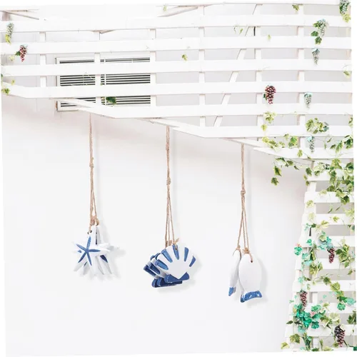 Vista 7 de DECHOUS Juego de 3 adornos de pared hechos a mano con peces y vieiras de madera estilo mediterráneo