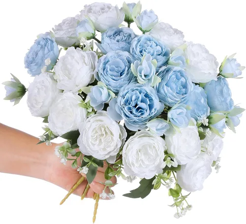 Vista 18 de 2 racimos de flores artificiales de peonía beige, ramo de peonías de seda para bodas, fiestas, centros de mesa, arreglos florales, decoración