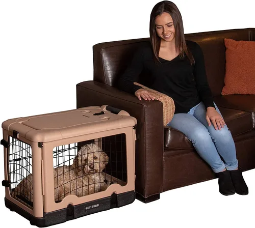 Vista 11 de Pet Gear The Other Door - Caja de acero de 4 puertas para perros/gatos, 27 pulgadas, color beige Puerta estilo garaje, incluye cama de felpa