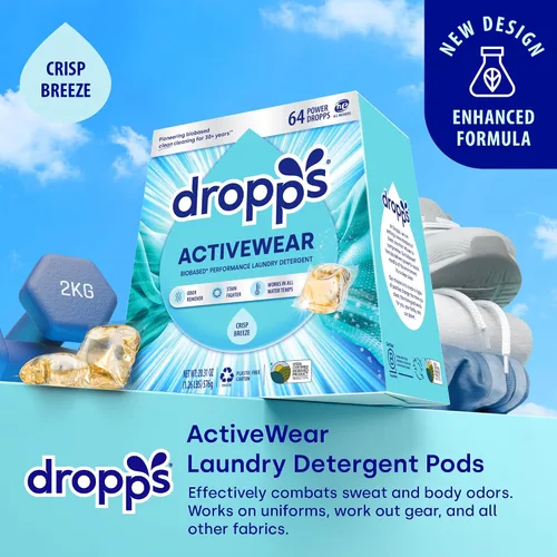 Vista 2 de Dropps Activewear Biobased Power Laundry Detergent Pods, Crisp Breeze (64 unidades) - Cápsulas de detergente para lavandería que combaten manchas