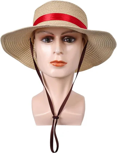 Vista 6 de Sombrero de paja con cuerda para disfraz de cinta roja, sombreros de sol para Halloween, accesorios de cosplay