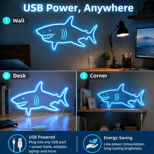 Vista 7 de Letrero de neón de tiburón con sensor de movimiento, letrero de neón LED azul hielo con 3 modos regulables, tablero acrílico decoración de tiburón