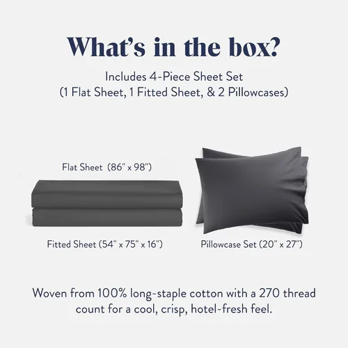 Vista 14 de Brooklinen Juego de sábanas de percal de lujo, 4 piezas, sábanas de cama 100% algodón, 1 sábana bajera y 1 sábana encimera, 2 fundas de almohada