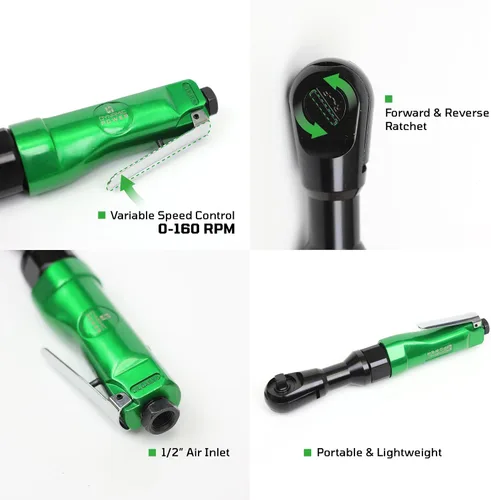 Vista 3 de Dynamic Power Trinquete de aire profesional reversible de 3/8 pulgadas (verde y negro) Par máximo: 45 FT-LBS