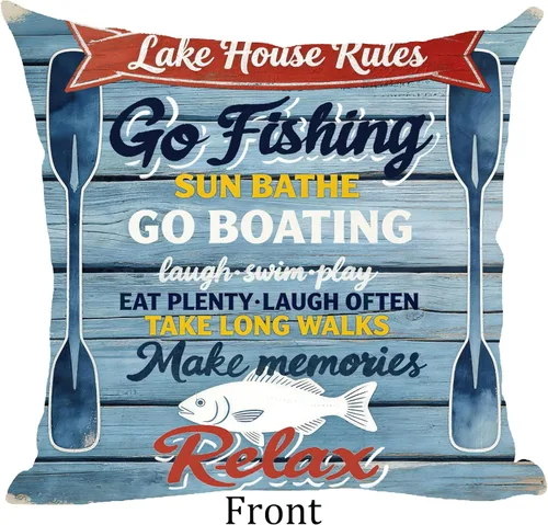 Vista 2 de Ramirar Funda de almohada decorativa de verano con texto en inglés "Lake House Rules Go Fishing Boating", estilo retro, para el hogar, sala