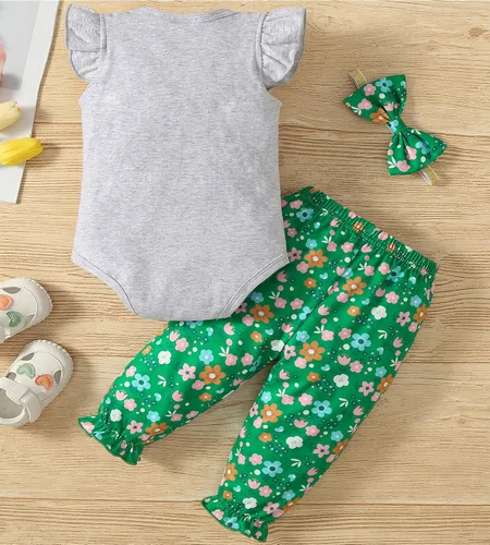 Vista 2 de Fullfamous Conjunto de mameluco y pantalón de manga larga con volantes para niña de 3 piezas