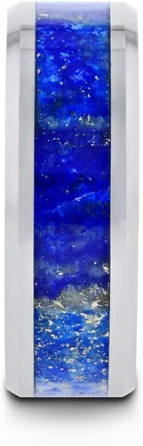Vista 2 de OSIAS - Anillo de boda de carburo de tungsteno de estilo plano con incrustación de piedra lapislázuli azul, bordes biselados pulidos, ajuste cómodo