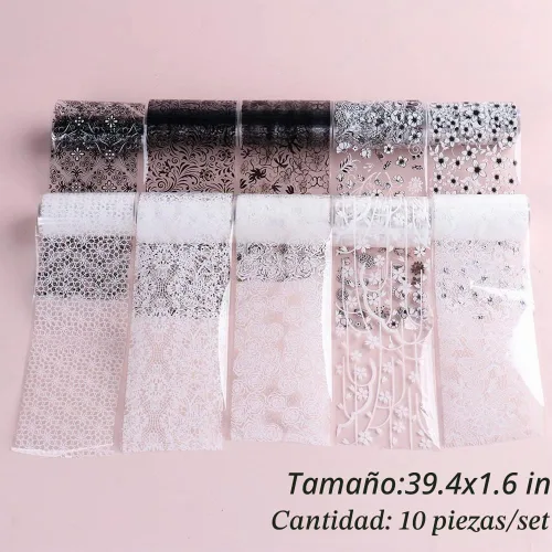 Vista 5 de Calcomanías de transferencia de papel de aluminio de encaje para decoración de uñas, calcomanías de transferencia de flores blancas y negras