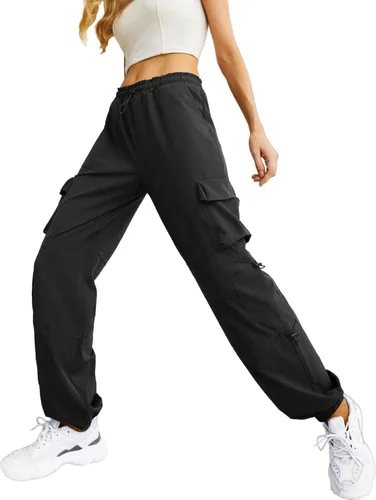 Vista 3 de Lepunuo Pantalones de paracaídas para mujer, pantalones cargo holgados con cordón elástico en la cintura Y2K, pantalones deportivos con bolsillos