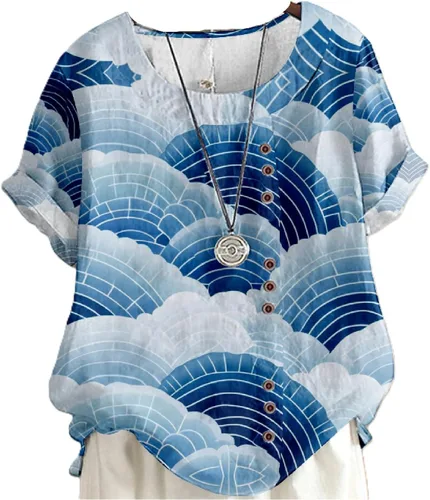 Vista 8 de domirica Flower Bird Printed Loose Boho Shirts Women Plus Size Summer Crew Neck Short Sleeve Blouses Colorido