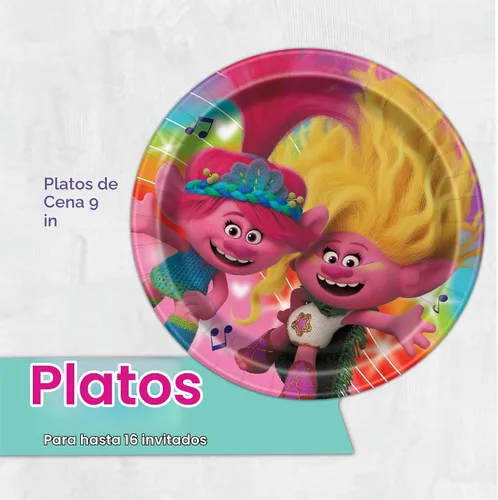 Vista 3 de Trolls - Decoraciones para fiestas de cumpleaños, paquete de 16 platos