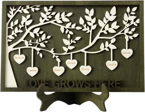 Vista 21 de Árbol genealógico con etiqueta de corazón, placas de madera grabadas personalizadas, regalos personalizados para madres, padres, escritorio, nombres
