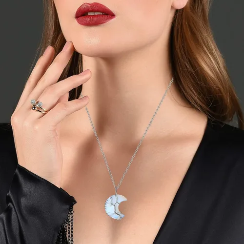 Vista 4 de MAIBAOTA Healing Crystal Necklace Tree Life Wire Wrapped Crescent Moon Necklace Stone Pendant Necklaces Natural Reiki Spiritual Quartz Gemstone