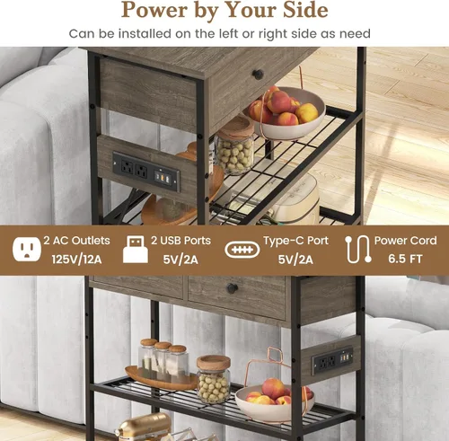 Vista 12 de GIANTEX - Mesa consola industrial con tomacorrientes, mesa de entrada estrecha de 3 niveles Long Sofa Table w/ USB Ports, 2 Storage Drawers, Entry