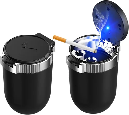 Vista 12 de Ohleats Cenicero de coche con tapa, cenicero desmontable de acero inoxidable con luz LED azul, cenicero portátil mini para vehículo, portavasos