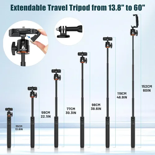 Vista 15 de Ailight Trípode de viaje extensible de 60 pulgadas y palo selfie con zapata fría y control remoto inalámbrico, cabeza de bola de 360° para vlogging