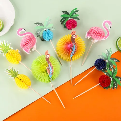Vista 6 de 200 palillos de cóctel de 4.7 pulgadas de palitos de frutas hawaianas con temática tropical, palitos de bambú con forma de flamenco y piña, palitos