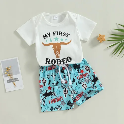 Vista 4 de My First Rodeo Outfit Western Baby Boy - Conjunto de camiseta de manga corta y pantalones cortos, conjunto de vaquero para niño