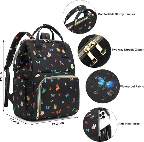 Vista 5 de Mochila de mariposa para laptop para mujeres y hombres, mochila escolar universitaria de 15.6 pulgadas para trabajo, escuela, viajes, negocios