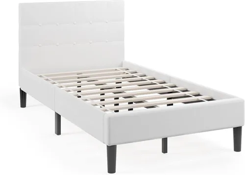 Vista 8 de Giantex Base de cama tapizada tamaño individual, cama de plataforma con cabecera capitoné con botones, base de colchón de soporte de listones