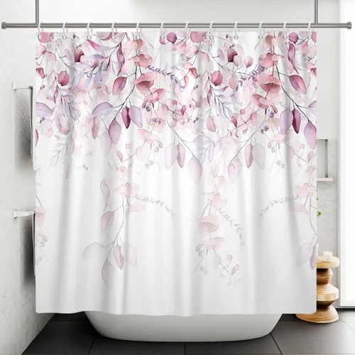 Vista 4 de Cortina de ducha con textura floral de acuarela rosa, cortina de ducha floral verde salvia para baño, bonita cortina de ducha moderna de tela