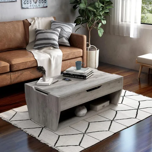 Vista 2 de 24/7 Shop at Home Pavie - Mesa de centro elevable de 42 pulgadas para comedor, diseño de granja con mesa ajustable en altura, almacenamiento Gris