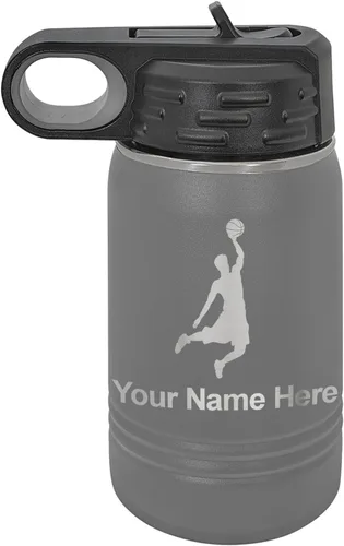 Vista 72 de LaserGram Botella de Agua Personalizada, Basketball Slam Dunk Man, Acero Inoxidable de Doble Pared con Aislamiento al Vacío con Pajita Abatible
