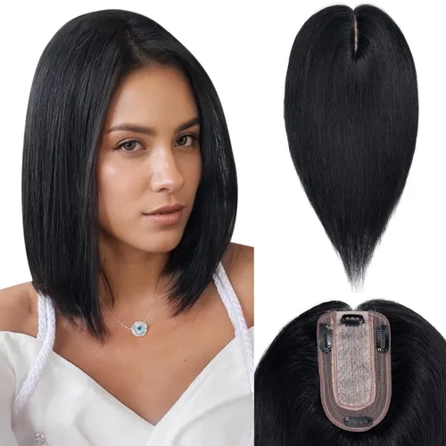 Vista 20 de Benehair Peluca de cabello con clip con flequillo, peluca secreta de cabello 100% humano, postizo superior con flecos, peluca de repuesto