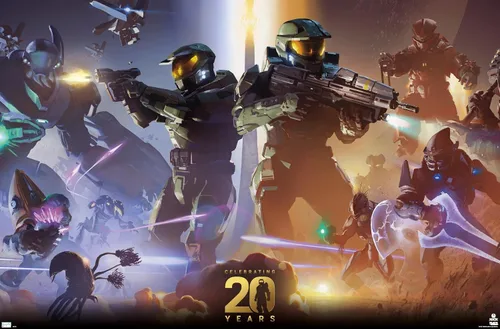 Vista 10 de Trends International Halo - Póster de pared de 20 años, 22.4 pulgadas de largo x 14.7 pulgadas, versión enmarcada en madera de granero