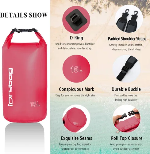 Vista 2 de IDRYBAG Bolsa seca transparente impermeable 2L/5L/10L/15L/20L, pequeña bolsa impermeable para kayak