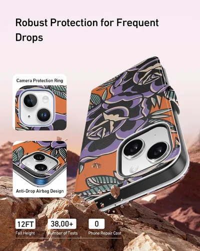 Vista 5 de DEENAKIN Funda tipo cartera para iPhone 15 con tarjetero + clip para efectivo, bloqueo RFID, protección contra caídas de grado militar y obras