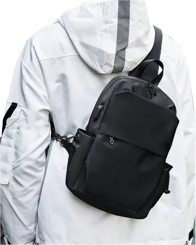 Vista 21 de SEAFEW Small Beige Sling Backpack Travel Hiking Daypack, Crossbody Sling Bag with USB Charging Port for Men Women 3 Layer Pockets One Shoulder Bag