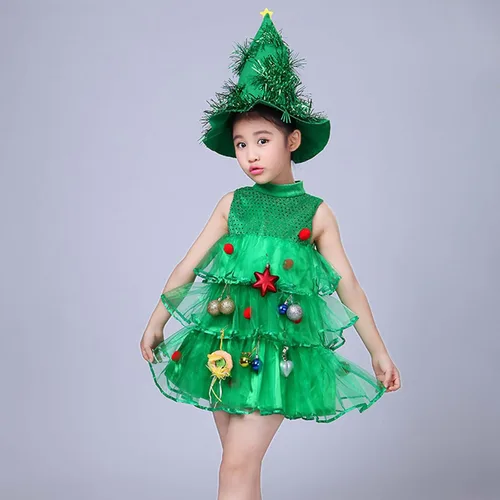 Vista 8 de Gamivast Kids Girls Christmas Tree Costume Ruffle Layered Dress Cute Cosplay Costumes Xmas Dress + Hat 2 Piece Outfit Sets
