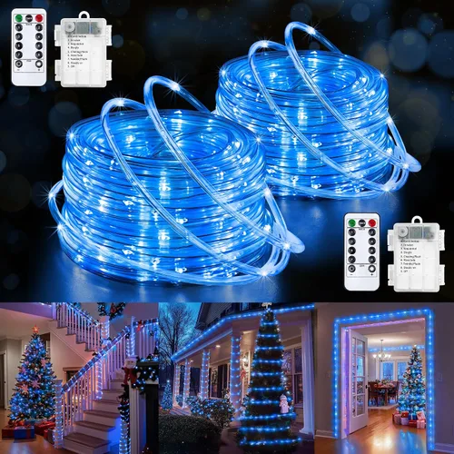 Vista 12 de Jnaurb Paquete de 2 luces de cuerda a pilas para exteriores, total de 66 pies, 200 LED, 8 modos, funciona con pilas, luces de hadas de Navidad