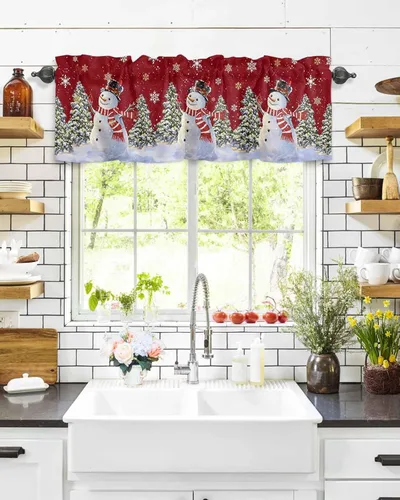 Vista 76 de Cortinas de cocina de Navidad, cenefa semitransparente ajustable con lazo, muñeco de nieve, copo de nieve, bolsillo para barra, tratamiento