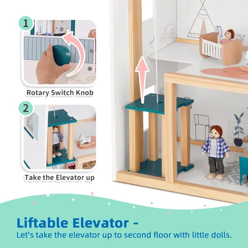 Vista 4 de OOOK Casa de muñecas de madera con elevador elevable, casa de muñecas moderna de 2.6 pies de alto para niños pequeños, incluye 21 muebles, 4 muñecas