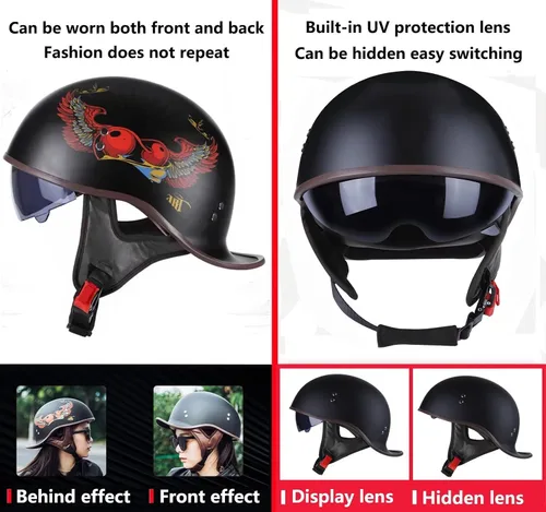 Vista 3 de Casco de motocicleta retro de media cara aprobado por DOT para hombres y mujeres adultos, estilo vintage alemán, con diseño de calavera