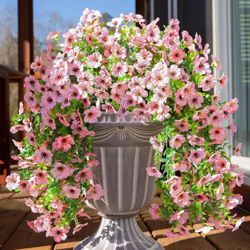 Vista 15 de Flores artificiales colgantes de imitación para decoración exterior de otoño, 2 piezas de violetas de seda falsas con eucalipto, resistentes a